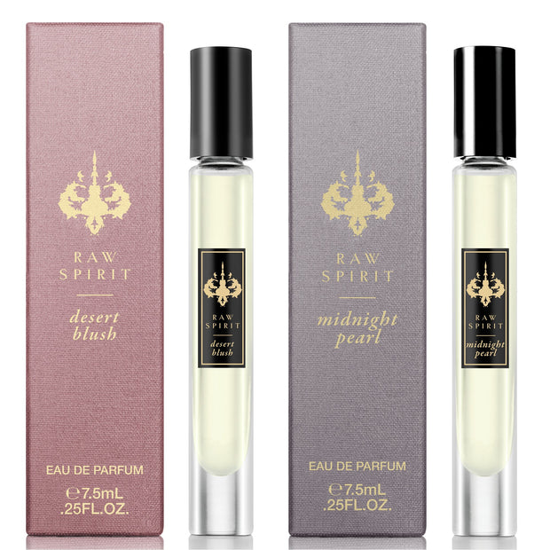 The perfect perfume set for anyone who loves feminine, floral scents. Available for a limited time, our Floral Rollerball Set includes one Desert Blush 7.5ml rollerball and one Midnight Pearl 7.5ml rollerball.