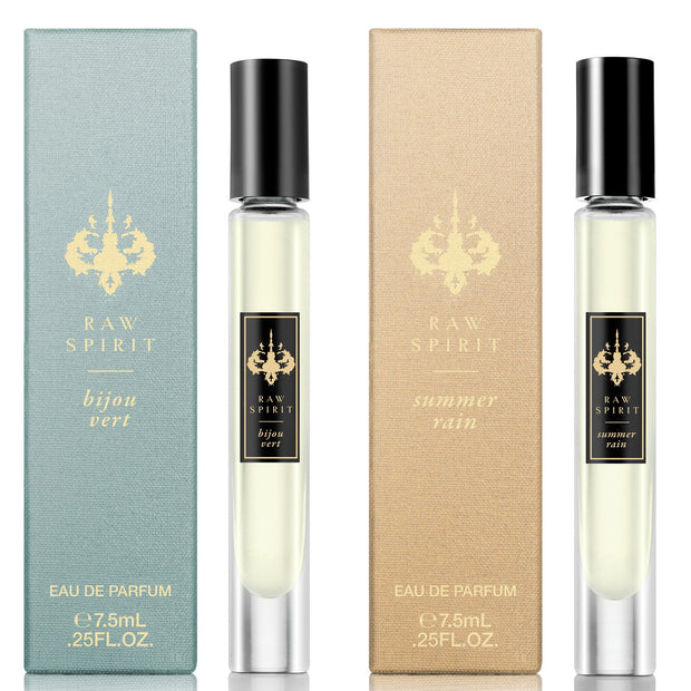 Raw Spirit Fragrances Fresh Rollerball perfume set features Eau de Parfum rollerballs of the fresh, citrus scents Summer Rain and Bijou Vert.