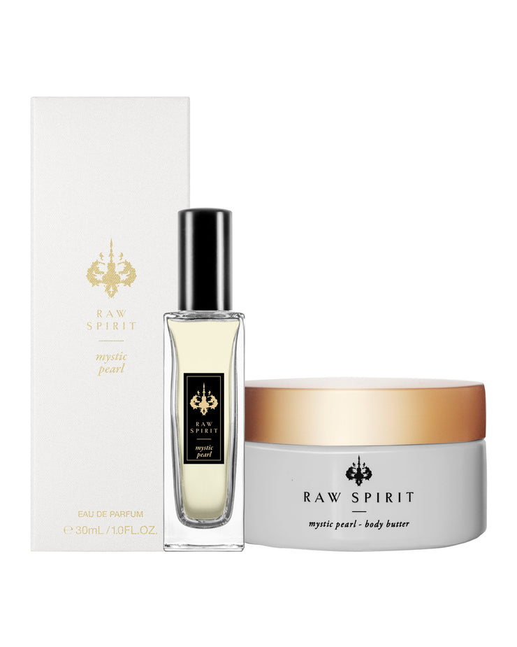 The Raw Spirit Fragrances Mystic Pearl gift set features the fresh and floral scent of Mystic Pearl in both a Perfume and scented Body Butter format
