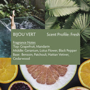 Raw Spirit Bijou Vert perfumes are inspired by Haiti, the Caribbean isle once known as the “Jewel of the Antilles”. This scent evokes the cool of a summer morning, but hints at the heat that is about to come. 