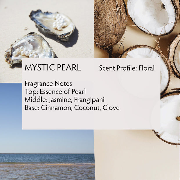 Mystic Pearl Body Butter is a rich floral scented moisturizer with notes of clove, cinnamon, frangipani, and jasmine.