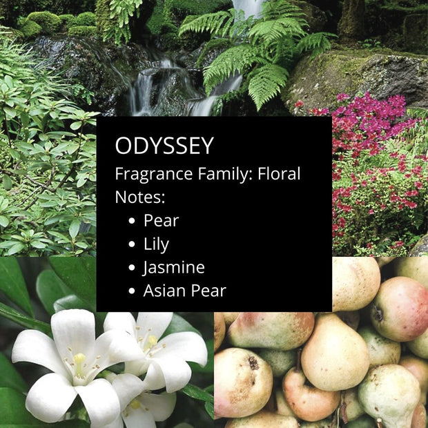Juicy notes of pear and light, fresh florals create a pleasant and dreamy scent to accentuate your space. Odyssey is an incredible blend of breezy florals and sweet fruit that achieves the feeling of a mystical excursion.