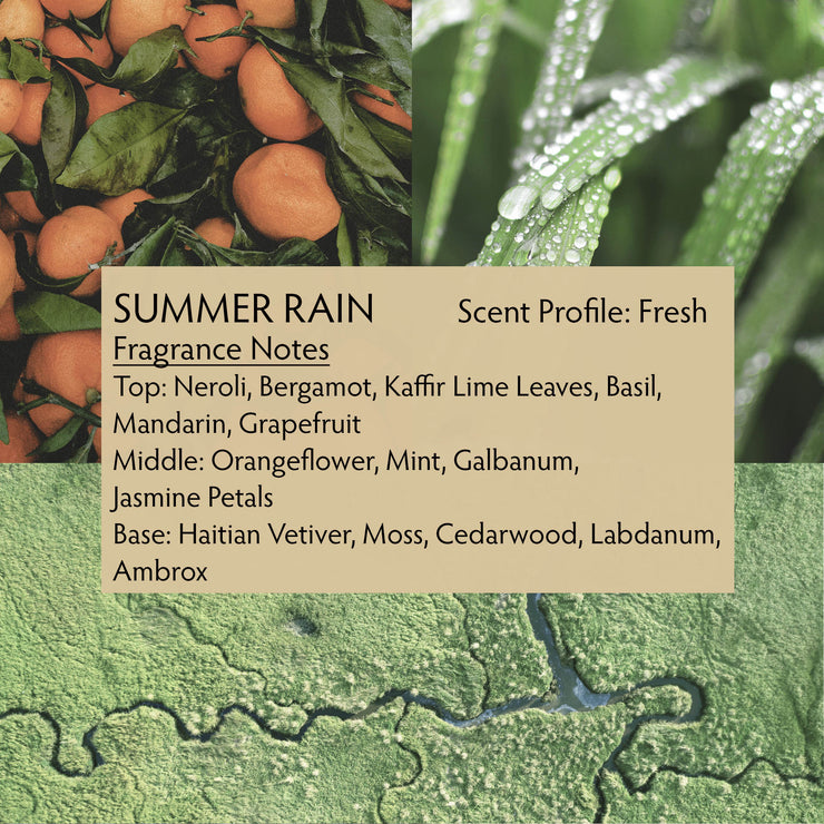 Summer Rain perfume is inspired by summer in the Florida Everglades, when the air is thick with humidity and the afternoon storm clouds build. The summer rain begins, quickly cooling the earth and reviving your spirit.